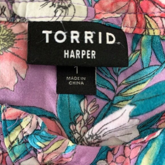 Torrid Harper Pullover Blouse Challis Floral Purple 3/4 Roll Tab Sleeve Size 1X - Picture 11 of 14